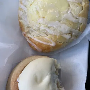 Cheese danish and cinnamon roll less one bite