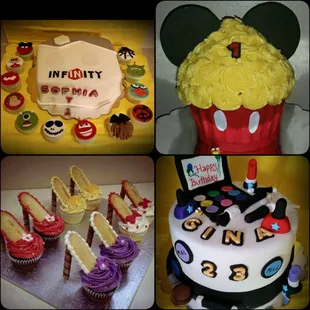 a variety of cakes and cupcakes