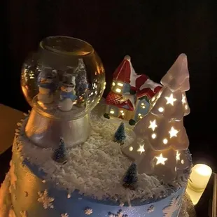 Winter wonderland Amaretto Raspberry with coconut. Snowmen inside snow globe were eatable!