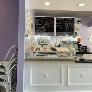 Case with the vegan donuts, fritters, and cookies