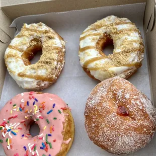 Key Lime on top, Fresh Strawberry Glazed Donut and Jelly on the bottom