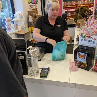 Woman who hates working in a candy store