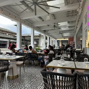 Outdoor seating area. Note how wide the table legs are.