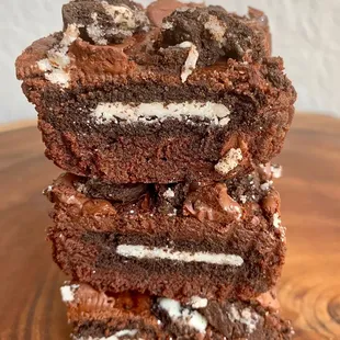 a stack of chocolate brownies