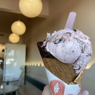 Chocolate covered strawberry ice cream in a chocolate waffle cone