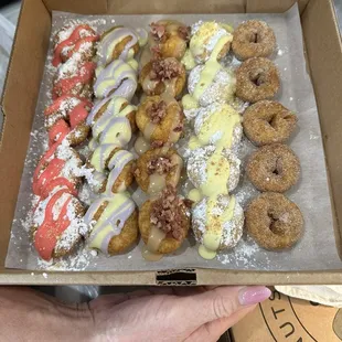 Strawberry, lemon blueberry, maple bacon, lemon and cinnamon sugar.