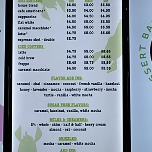 a menu for a coffee shop