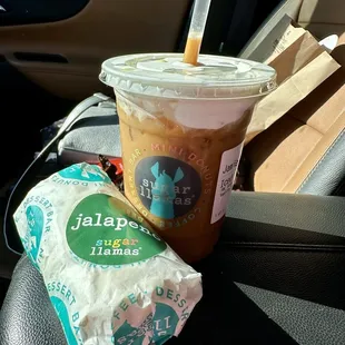 Jalapeño Jalapeo Cheese Sausage Roll and cold brew with vanilla, almond milk, and sweet cream