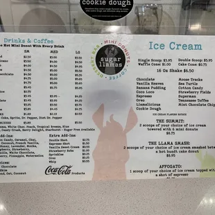 Ice cream and drink menu