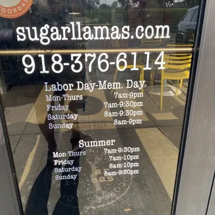 Hours of operation, website and contact info