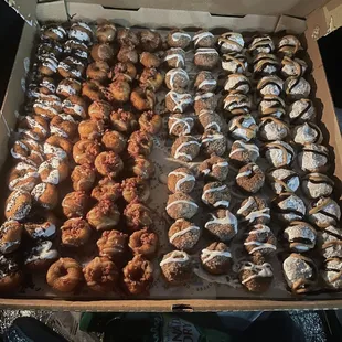 Cookies n cream, boss Hogg maple bacon, cinnamon sugar with vanilla drizzle and powdered sugar with chocolate peanut butter.