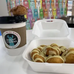 Mini donuts with banana drizzle, hot latte
