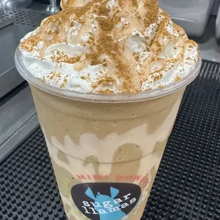 Honey cinnamon frappe, personalized with white mocha drizzle.