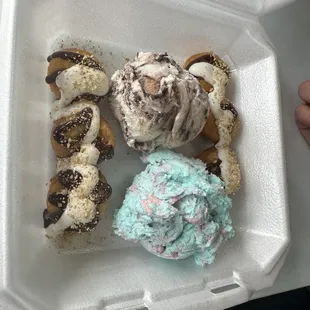 ice cream and donuts in a styrofoam container