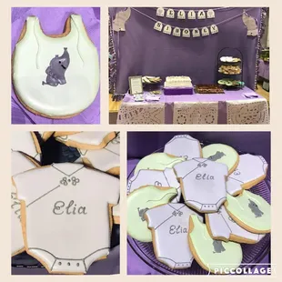 Gorgeous &amp; yummy cookies I ordered, the colors (lavender onesie color difference due to lighting) I requested, &amp; how I displayed them