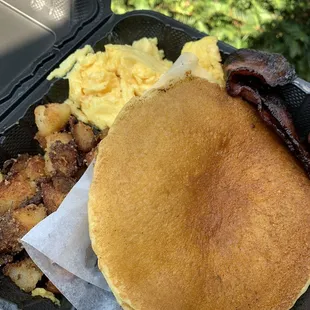 Pancake platter, home fries, eggs, turkey bacon