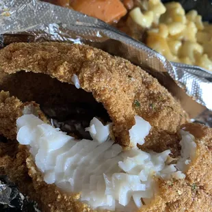 Catfish Platter with Mac and cheese and yams.