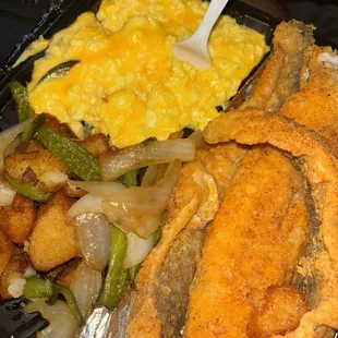 Fried fish with two breakfast sides