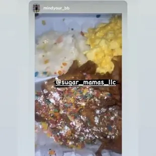 Fruity pebble French toast platter with cheese eggs and double grits with bacon