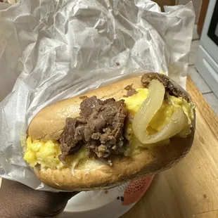 Steak egg and cheese bagel