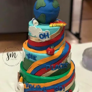 a colorful cake with a globe on top