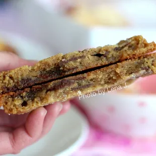 Inside of Tahini Chocolate Chip Cookie ($3.75) - delicious! It&apos;s quite sweet but balanced with nuttiness and salt