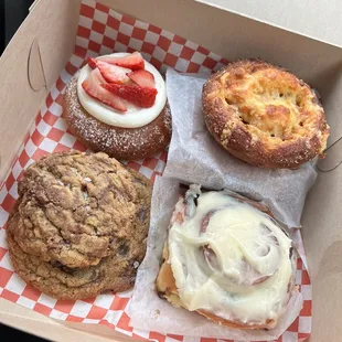 Sweet brioche, savory brioche, sweet roll, chocolate chip tahini cookie, and Nutella hazelnut cookie