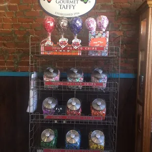 a display of candy in front of a brick wall