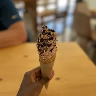 a person holding a cone of ice cream