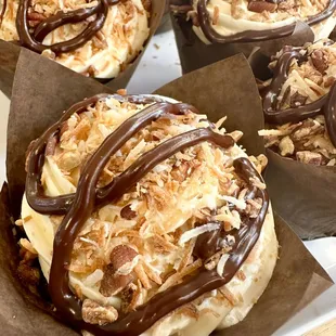 Magic Bar Cupcake.  Graham bottom, with chocolate chocolate chip cake, filled with condensed milk and topped with coconut and toastedn pecan