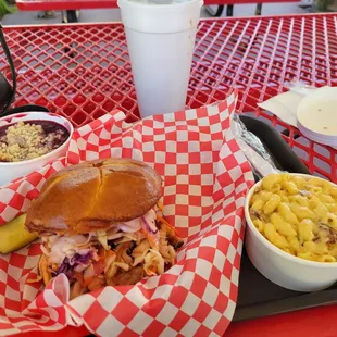 Bbq chicken sandwich, jalapeno bacon mac, and cobbler.