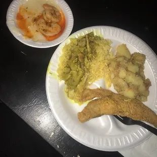 First trip to the buffet fish shrimp and grits potatoes rice and curry chicken