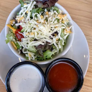 Side salad with French and bleu cheese dressing