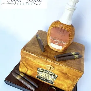 3D Bourbon Bottle and cigar box cake