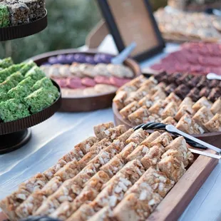Pandan and sesame mochi rice crispy, blondes, assorted cookies, brownies