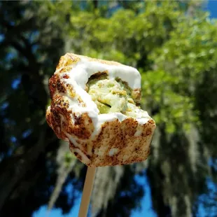 Yoda!--matcha green tea ice cream rolled in white chocolate and graham cracker in a Godiva white chocolate liqueur mallow