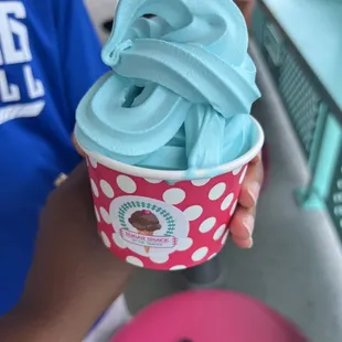 a person holding a cup of ice cream