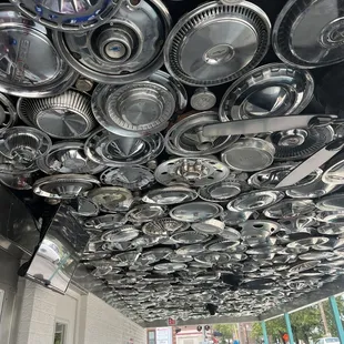 pans suspended from the ceiling