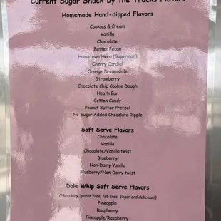 Hand dipped flavor list