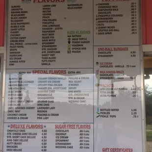 the menu of the ice cream parlor