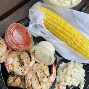 shrimp, corn and coleslaw