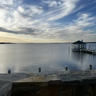 Outdoor seating with four picnic tables and a great view.