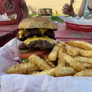 Double cheeseburger basket. Comes with fries and canned soda for $10. Most expensive thing on the menu.  ...and yes I finished it