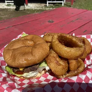 Delicious Burger with Amazing Onion Rings!