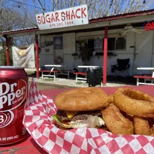Delicious Burger with Amazing Onion Rings and Dr. Pepper for under $8.