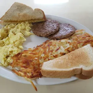 a plate of breakfast food on a table