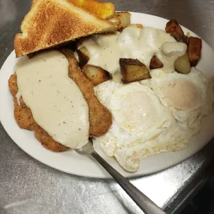 Saturday breakfast special of country fried steak, homemade pepper gravy, eggs done your way, toast, hashbrowns or homefries.