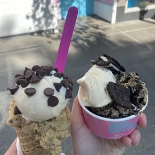 Left: 1 scoop cookie dough, 1 scoop vanilla icecream in a waffle cone... Right: 1 scoop dough-reo, 1 scoop vanilla icecream in a cup...