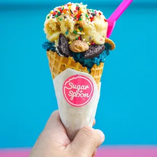 Cookie Monster and Birthday Cake on Waffle Cone - IG: @nelson_eats