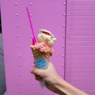 Party animal cookie dough with ice cream scoop in a waffle cone.